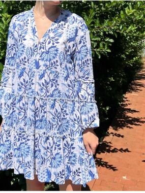 Sole  Dress in Light Blue with Blue Floral Print -M blue white cotton